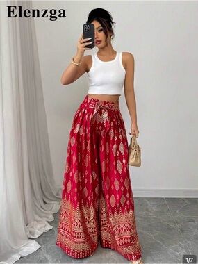Red/gold Patterned Wide-Leg Palazzo Pants